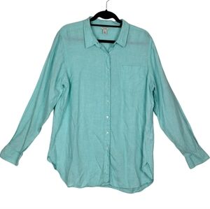 LL Bean 100% Linen Women's Green Button Down Shirt Blouse Size XL Beachy Cover